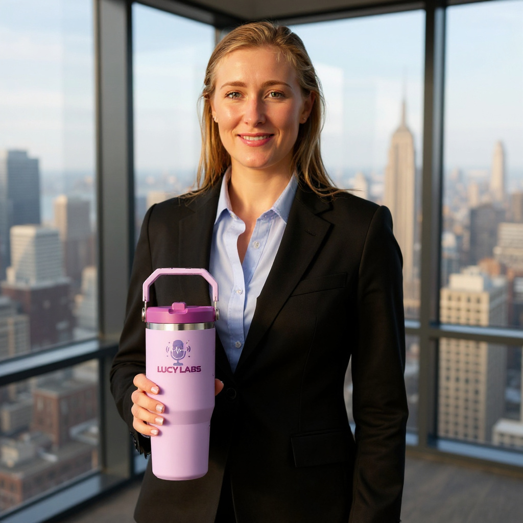 Harper in a corner office, holding the tumbler
